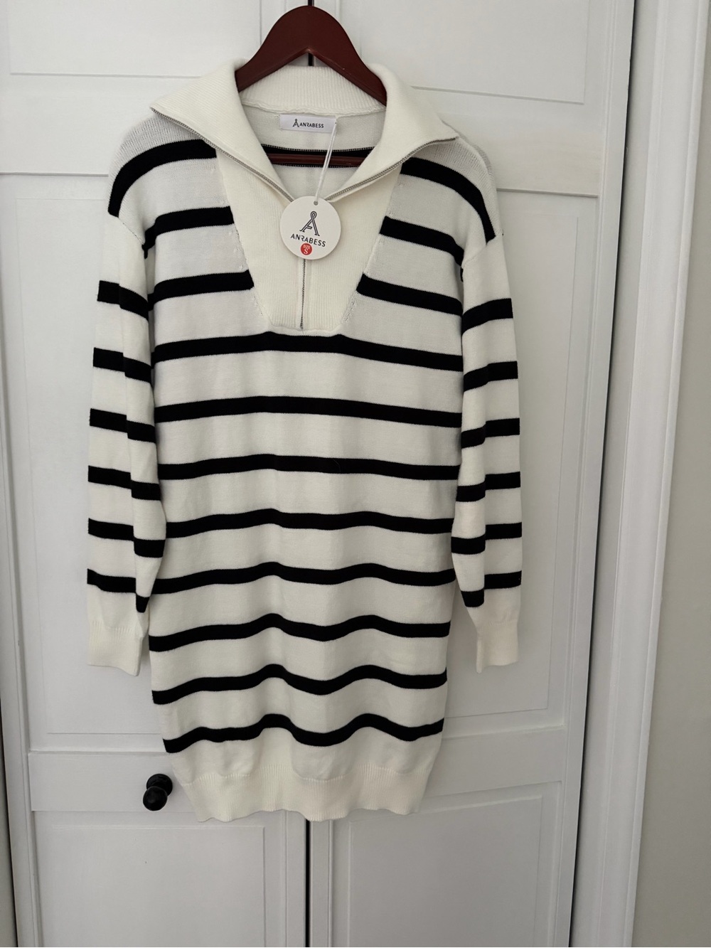 Anrabess  Black & White Striped Cowl-Neck Knit Dress